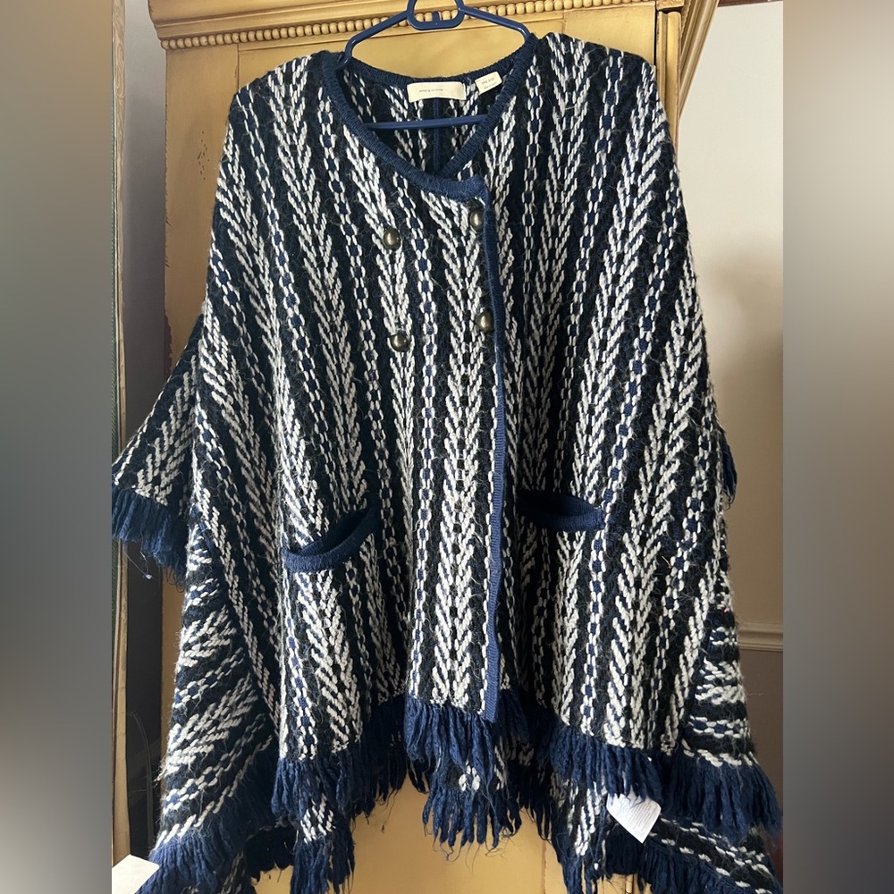 Blue, black and white striped poncho with pockets
